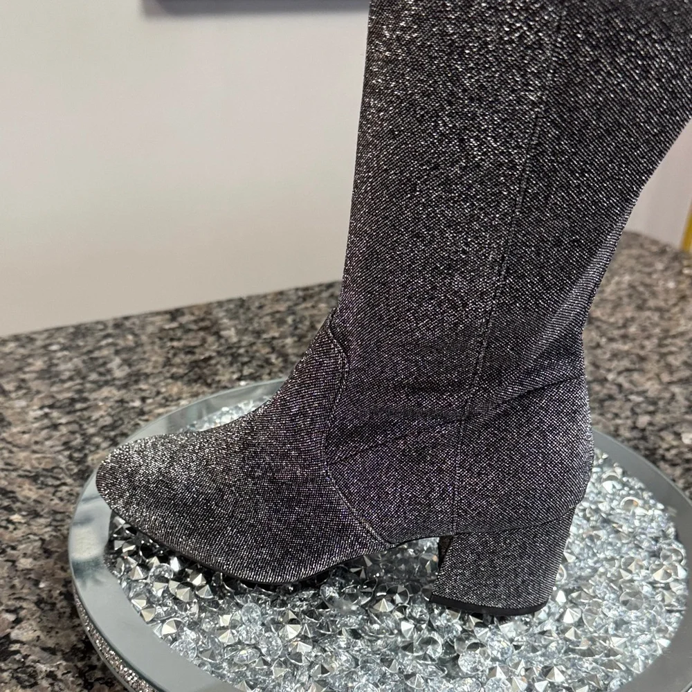 Sugar Black Glitter Over the Knee sock stocking Boots NWOT 7